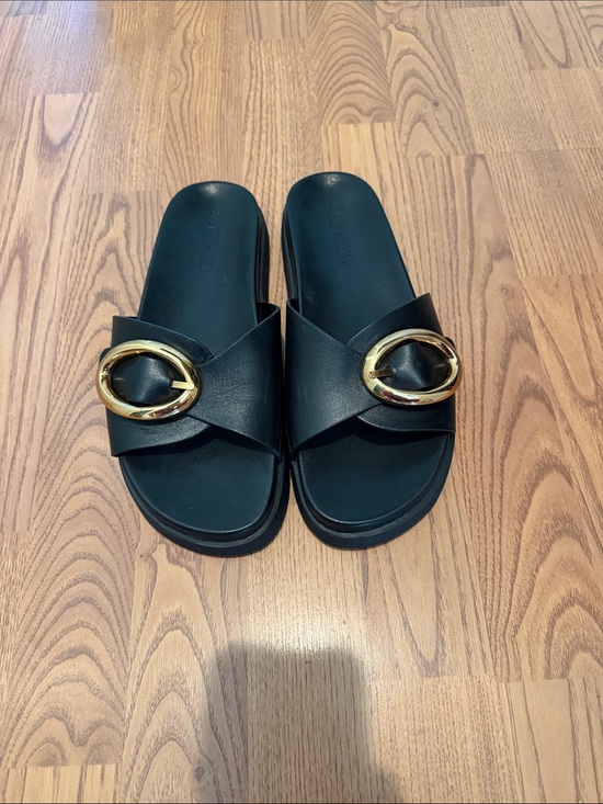 Steve Madden Shoes - Steve Madden Black Slide Sandals with Gold Buckle - Women